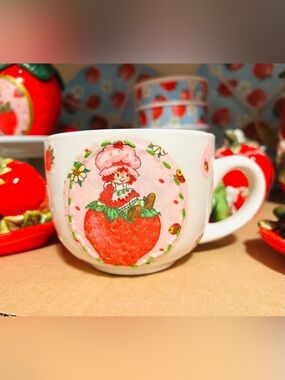 Strawberry Shortcake Mug Decoupage Design w/ Vintage Quilting Fabric Handcrafted